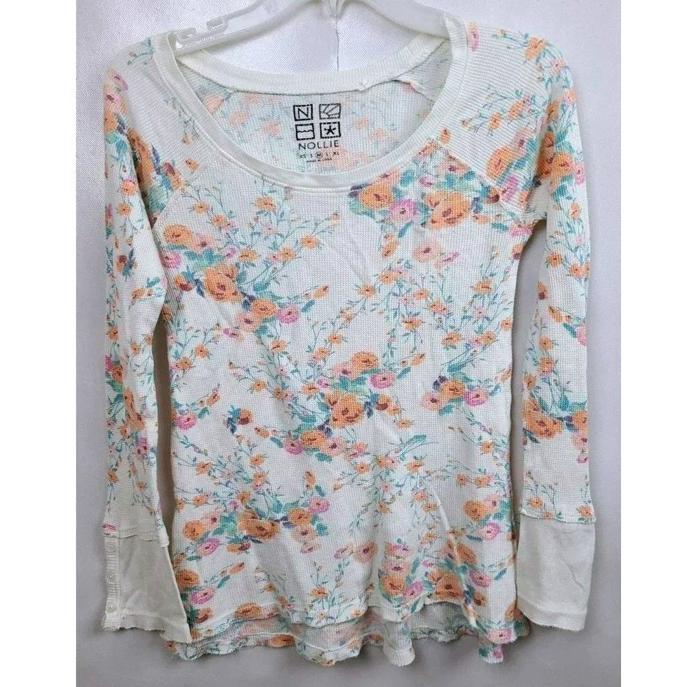 Nollie Floral Thermal Top Womens Medium White Waffle Knit Y2K Long Sleeve